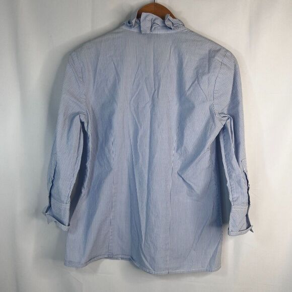 Talbots Blue White Pin Striped 3/4 Sleeve Ruffled Neckline Button Up Size 4 - Picture 2 of 10